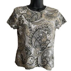 Croft Barrow Paisley Top Petite Small Cream Taupe Black Short Sleeve Preppy